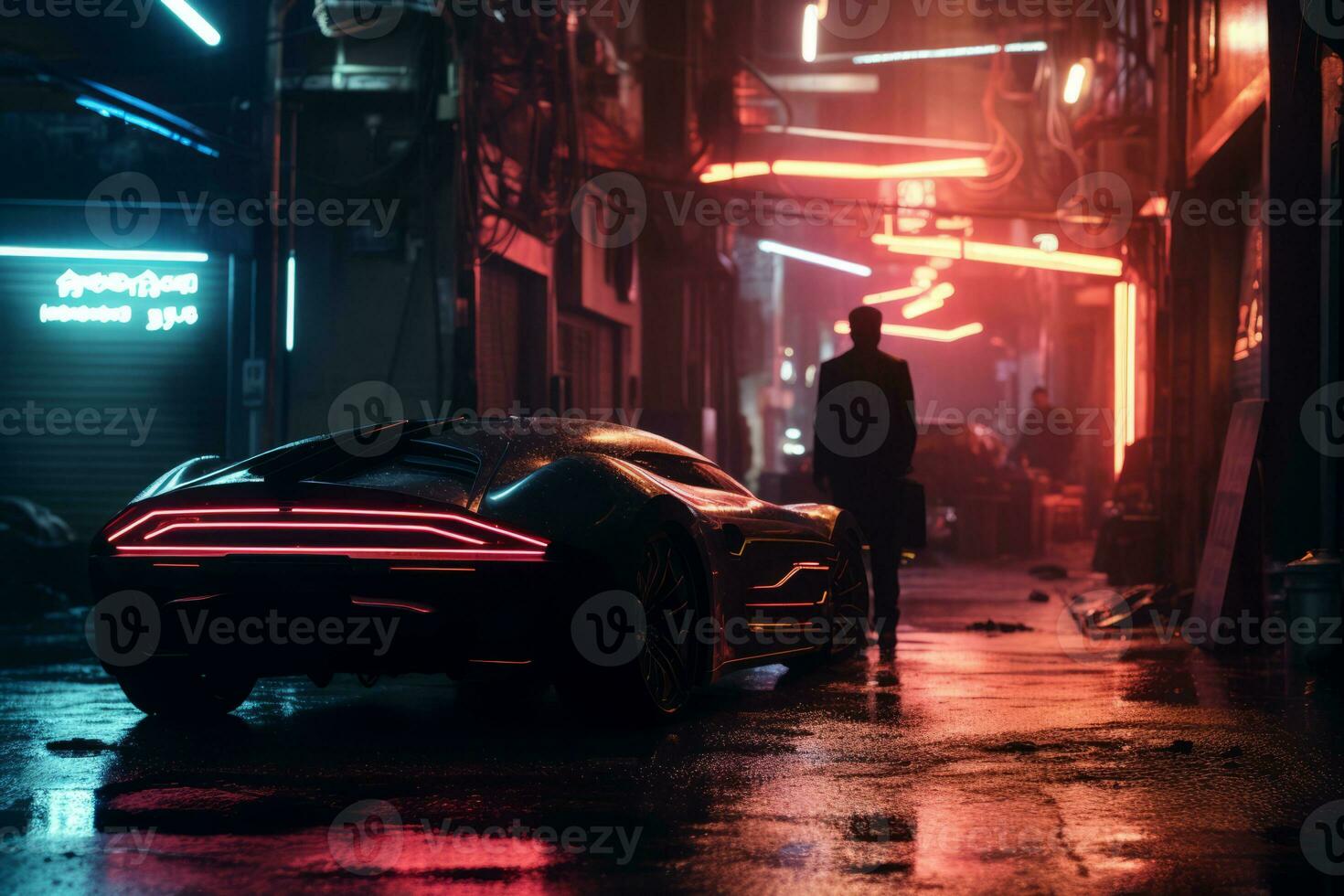 a futuristic car is parked in the middle of a city street at night generative ai photo