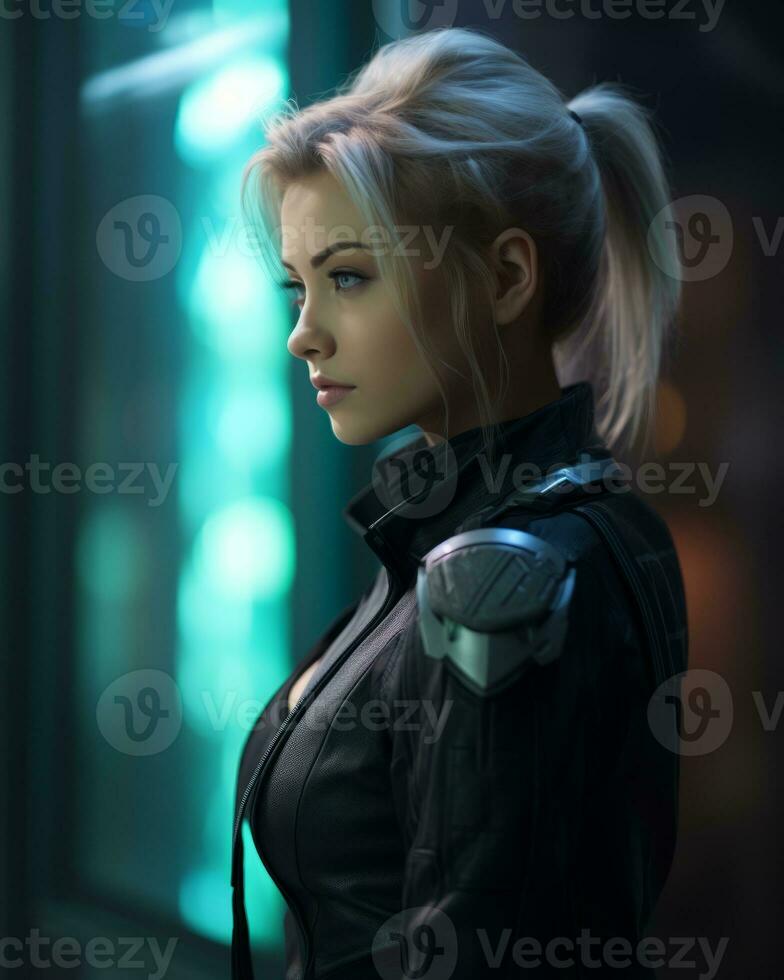 a woman in a black leather jacket standing in front of a window generative ai photo