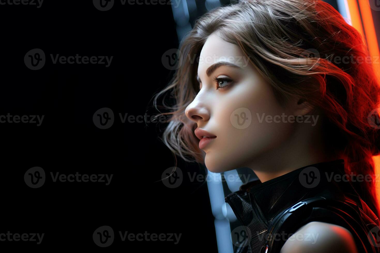 a woman in a black leather jacket with neon lights behind her generative ai photo