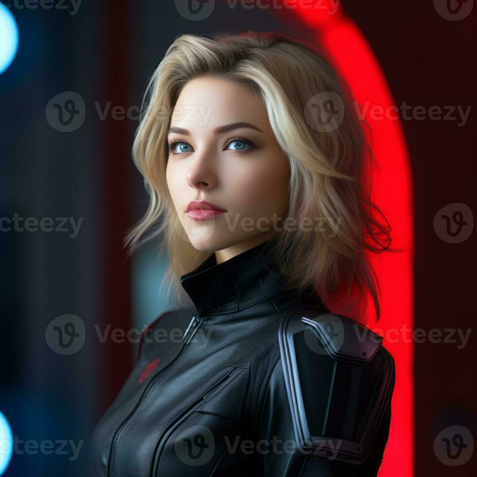 a woman in a black leather outfit standing in front of a red light generative ai photo