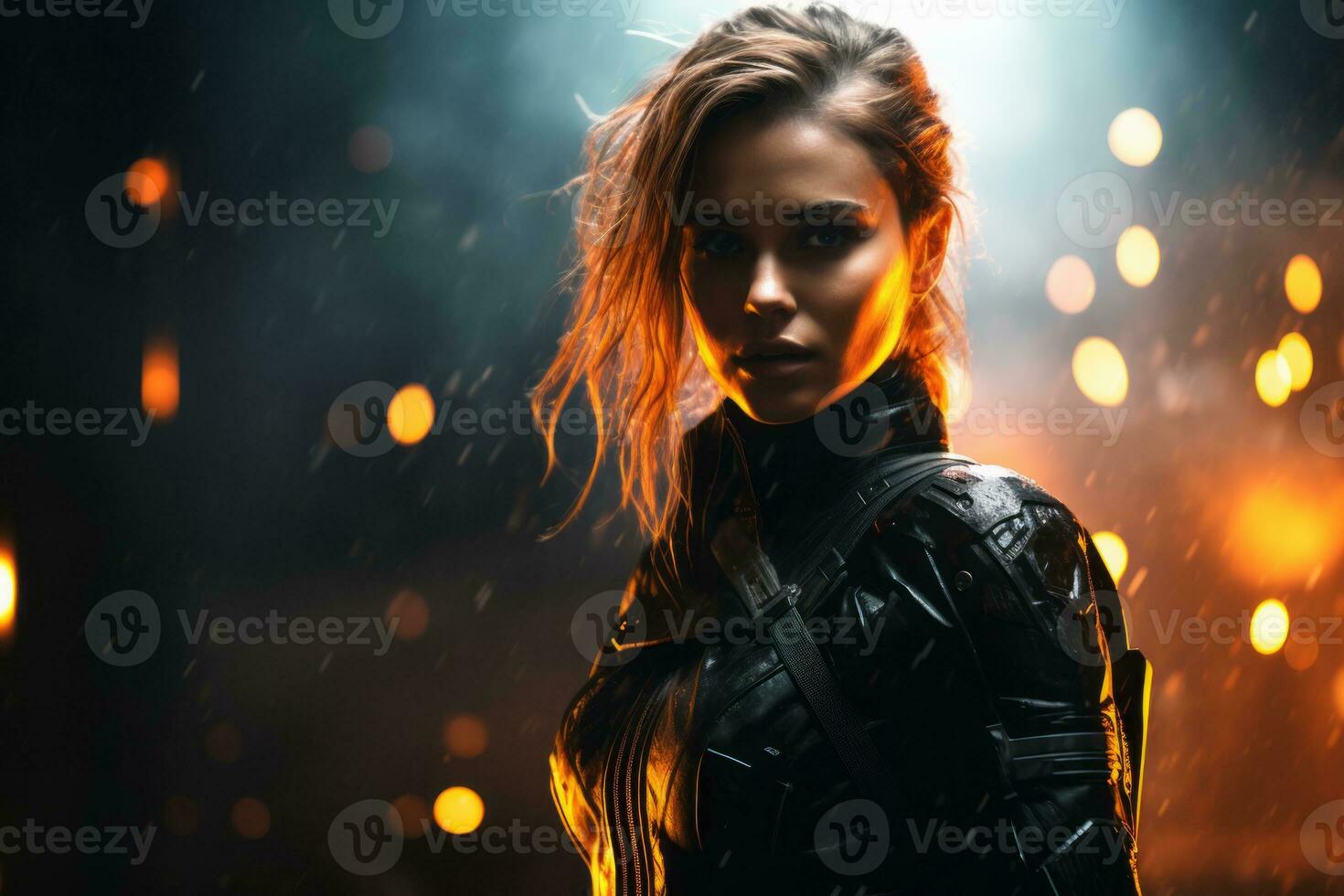 a woman in a black suit standing in the rain generative ai photo