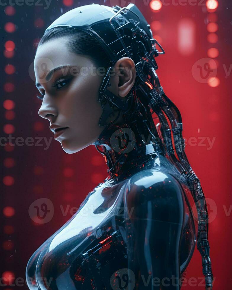 a woman in a cyborg suit with red lights behind her generative ai photo