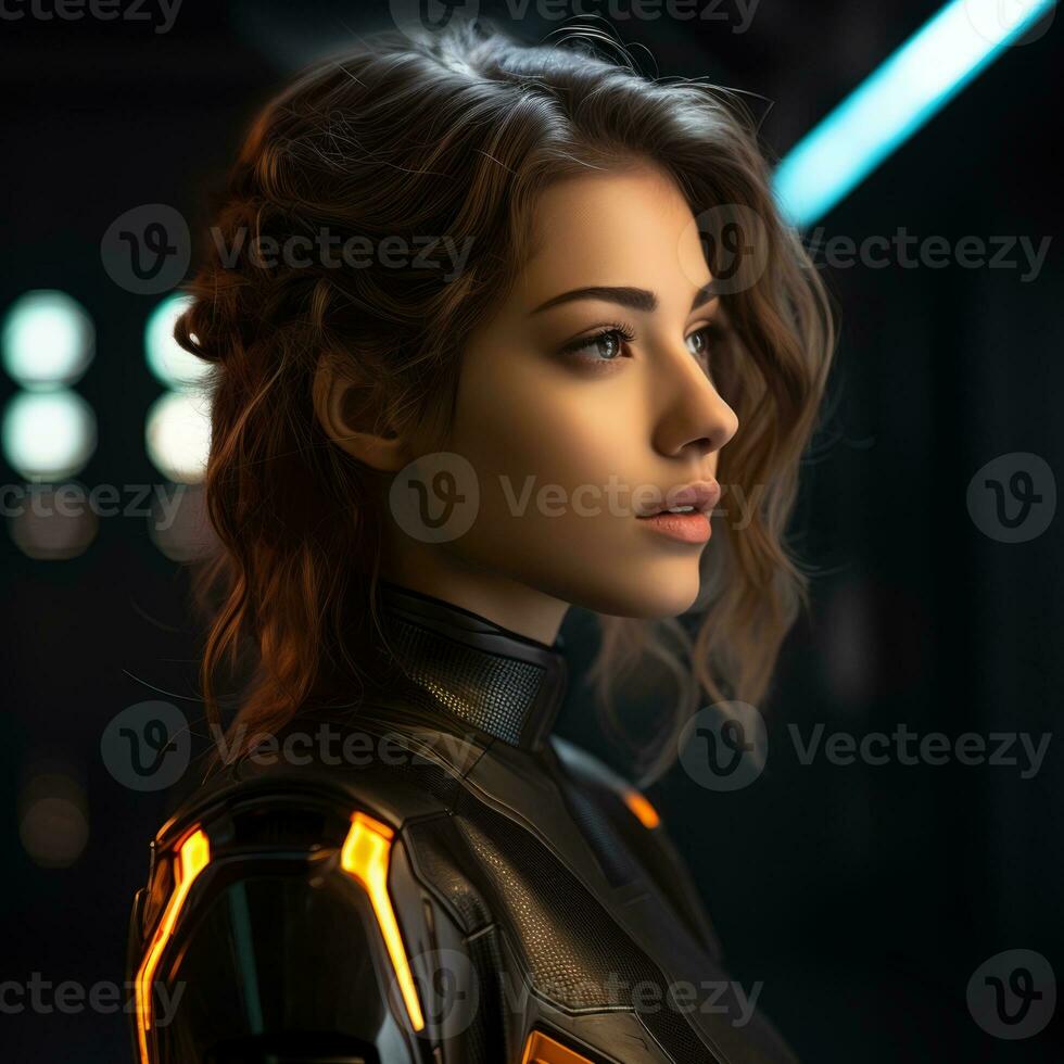 a woman in a futuristic outfit with neon lights photo