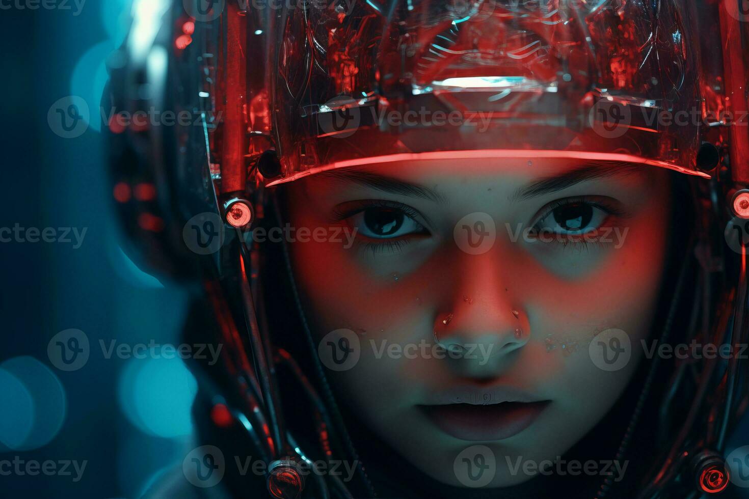 a woman in a futuristic helmet with glowing eyes photo