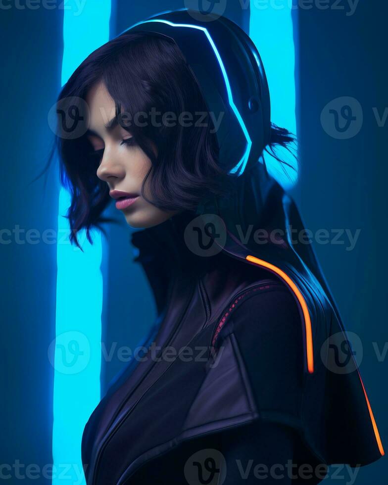a woman in a futuristic outfit with neon lights generative ai photo