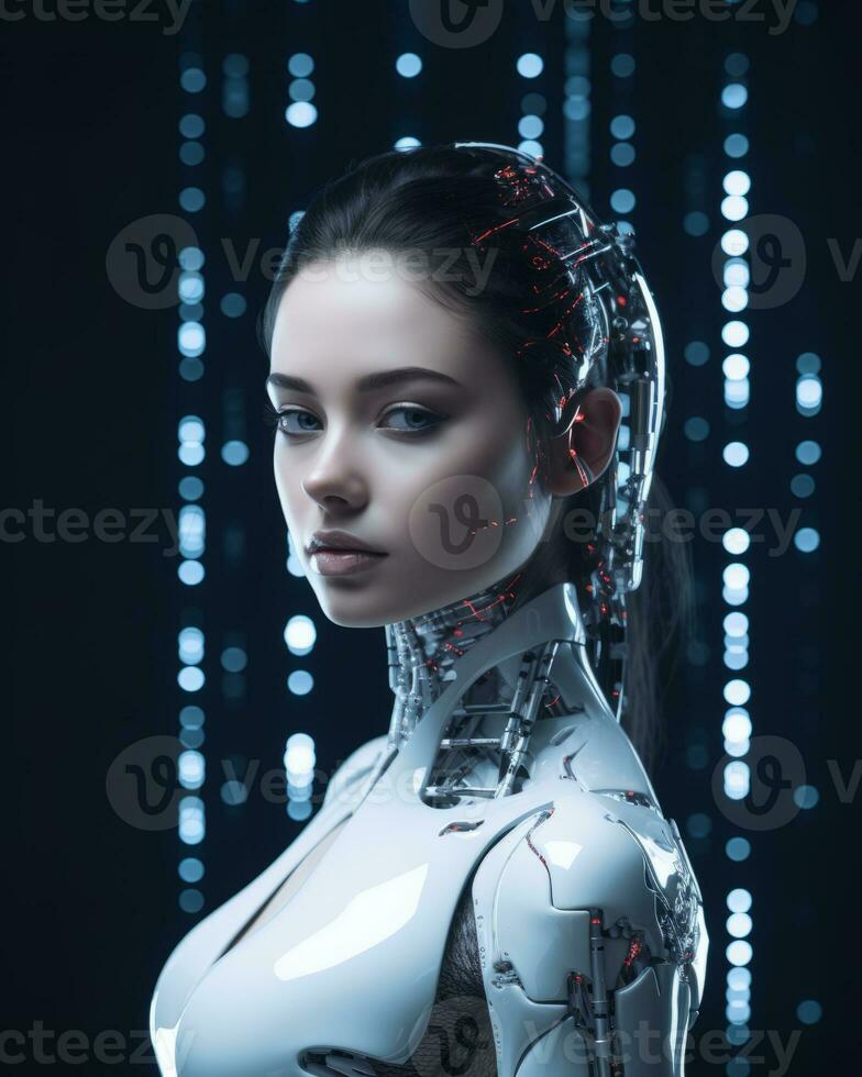 a woman in a futuristic robot suit standing in front of a black background generative ai photo
