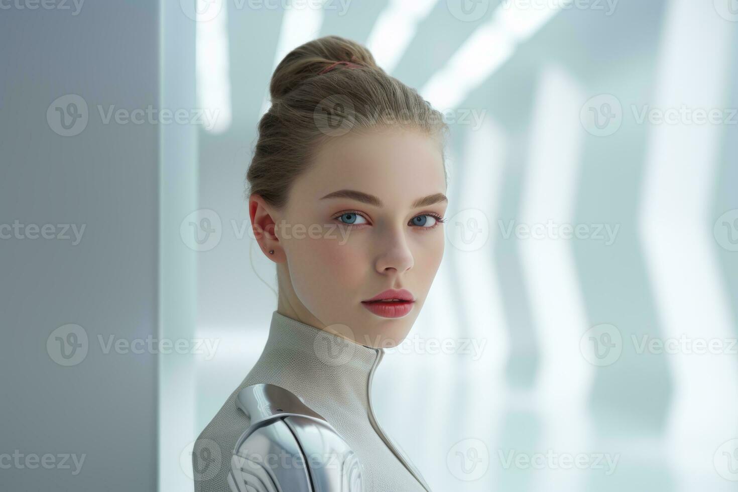 a woman in a futuristic suit standing in an empty room photo