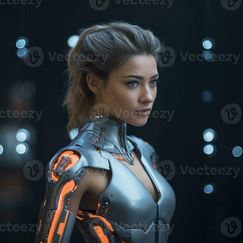 a woman in a futuristic suit standing in front of a black background generative ai photo