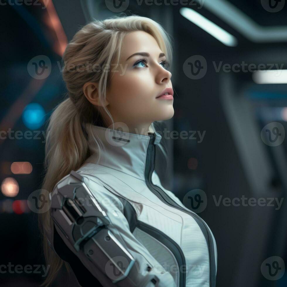 a woman in a futuristic suit standing in the dark generative ai photo