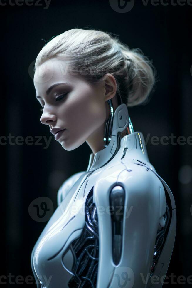 a woman in a futuristic suit standing in front of a dark background generative ai photo