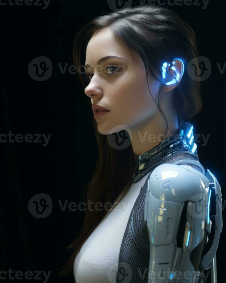 a woman in a futuristic suit with glowing eyes photo