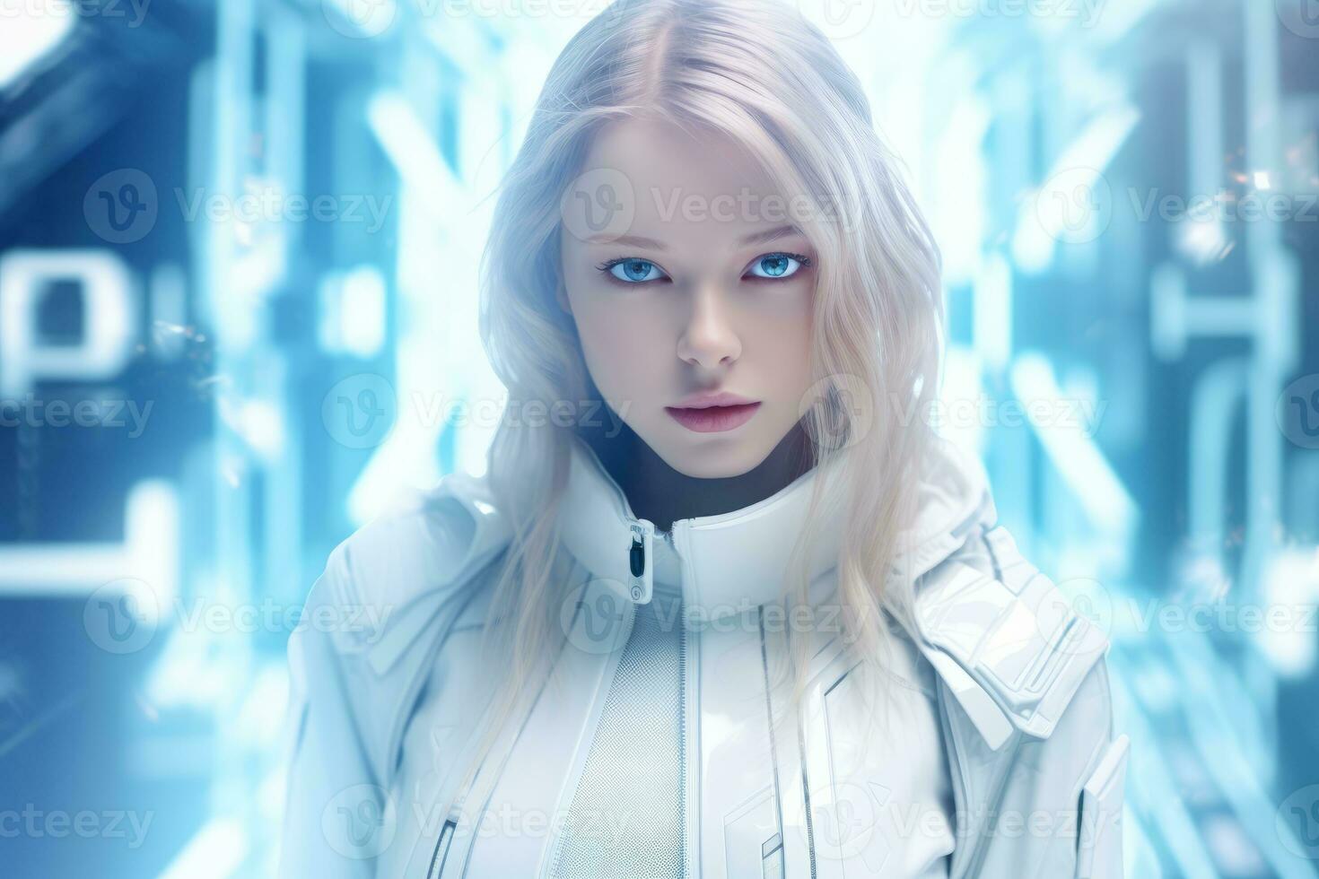 a woman in a futuristic suit with blue eyes generative ai photo