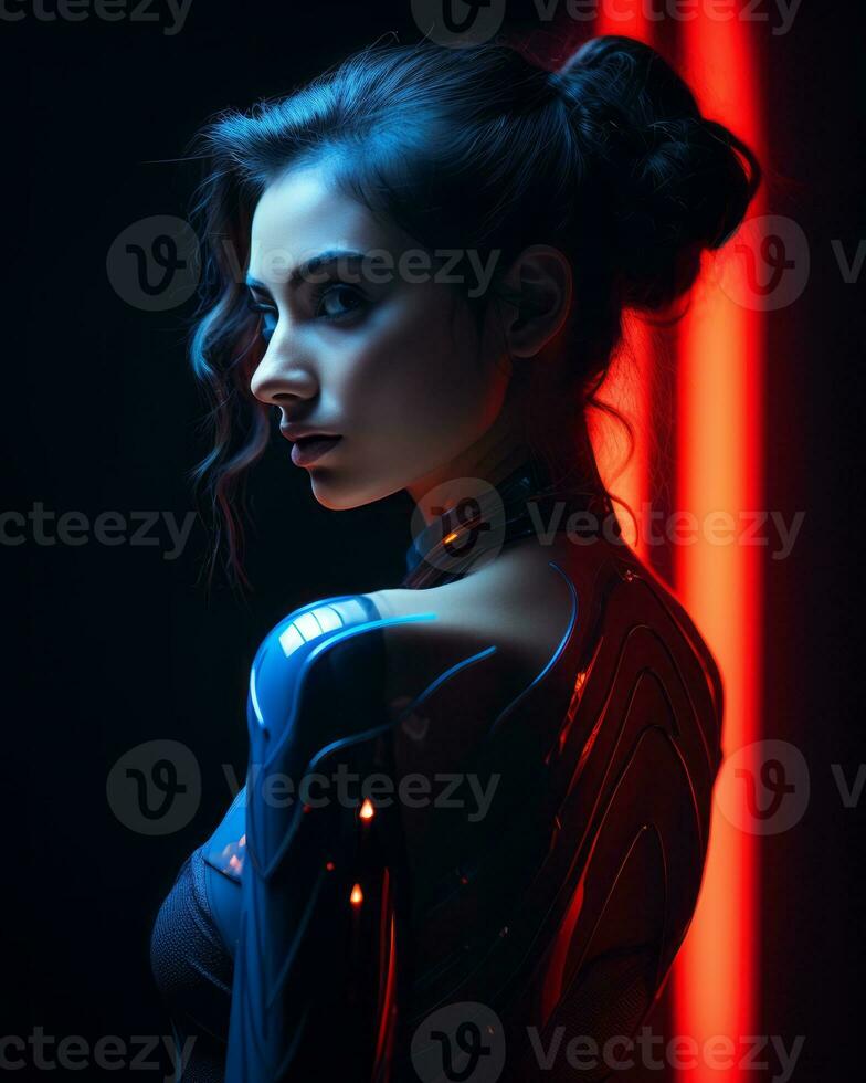a woman in a futuristic suit with red light behind her generative ai photo