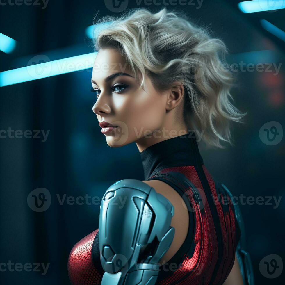 a woman in a red and black suit with a robot arm generative ai photo