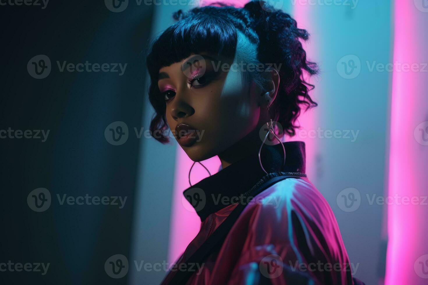 a woman in a pink jacket standing in front of neon lights generative ai photo