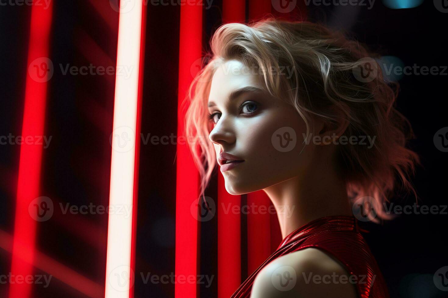 a woman in a red dress standing in front of a red light generative ai photo