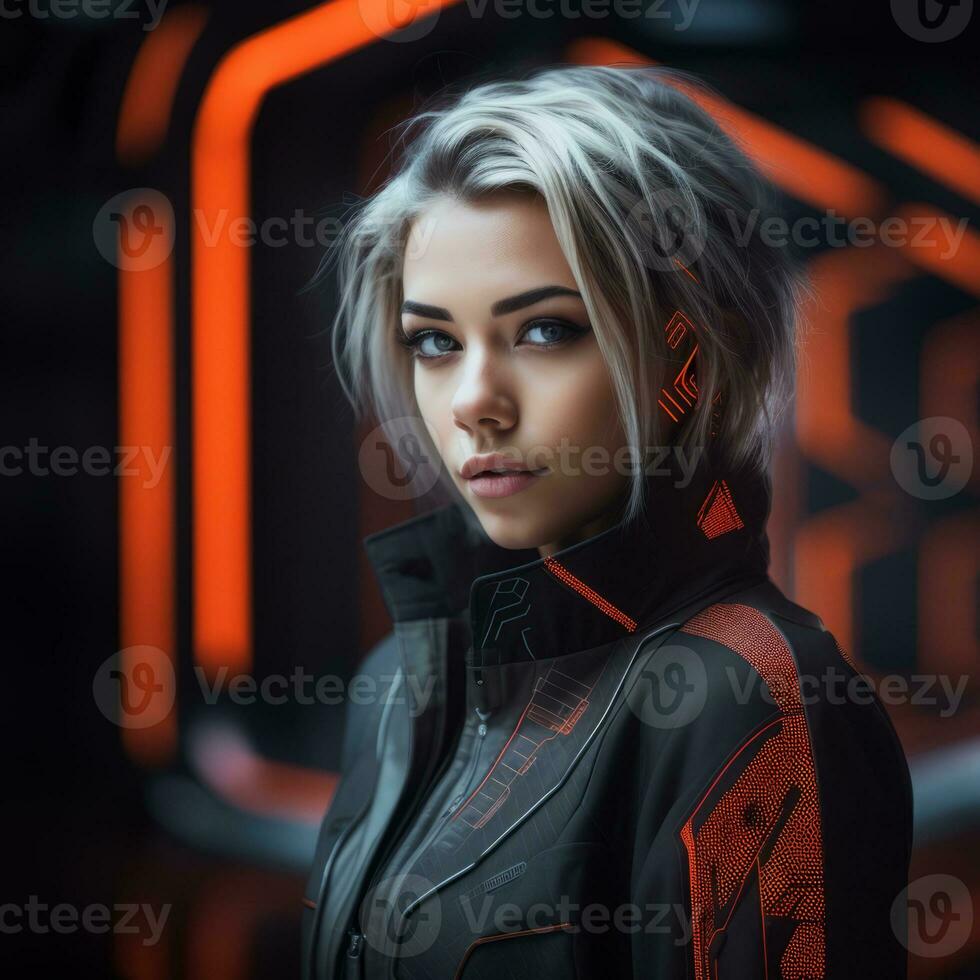 a woman in an orange and black outfit generative ai photo