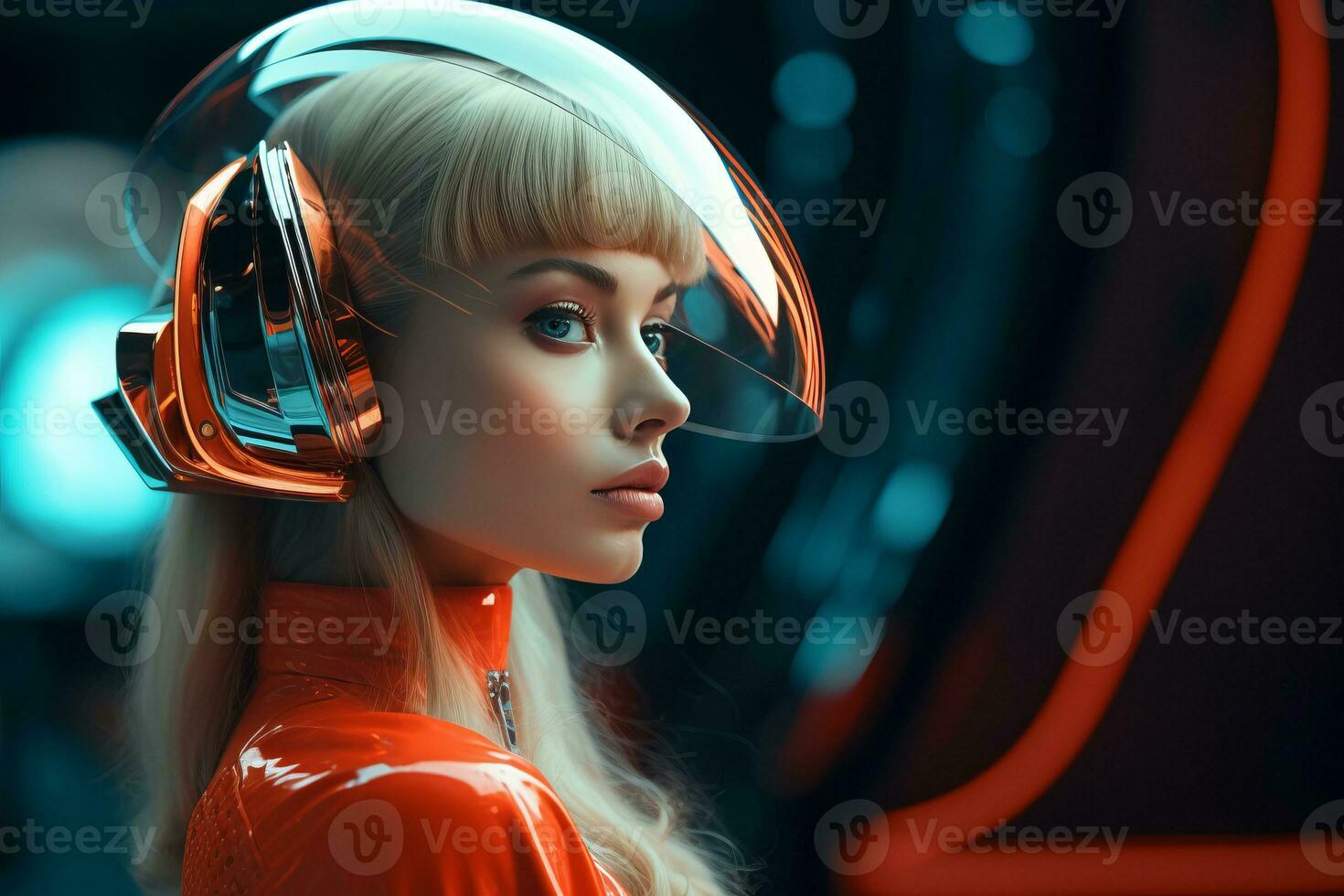 a woman in an orange suit with a futuristic helmet generative ai photo