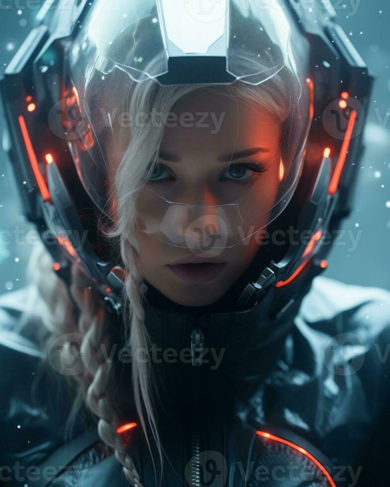 a woman in a space suit with red lights on her face generative ai photo