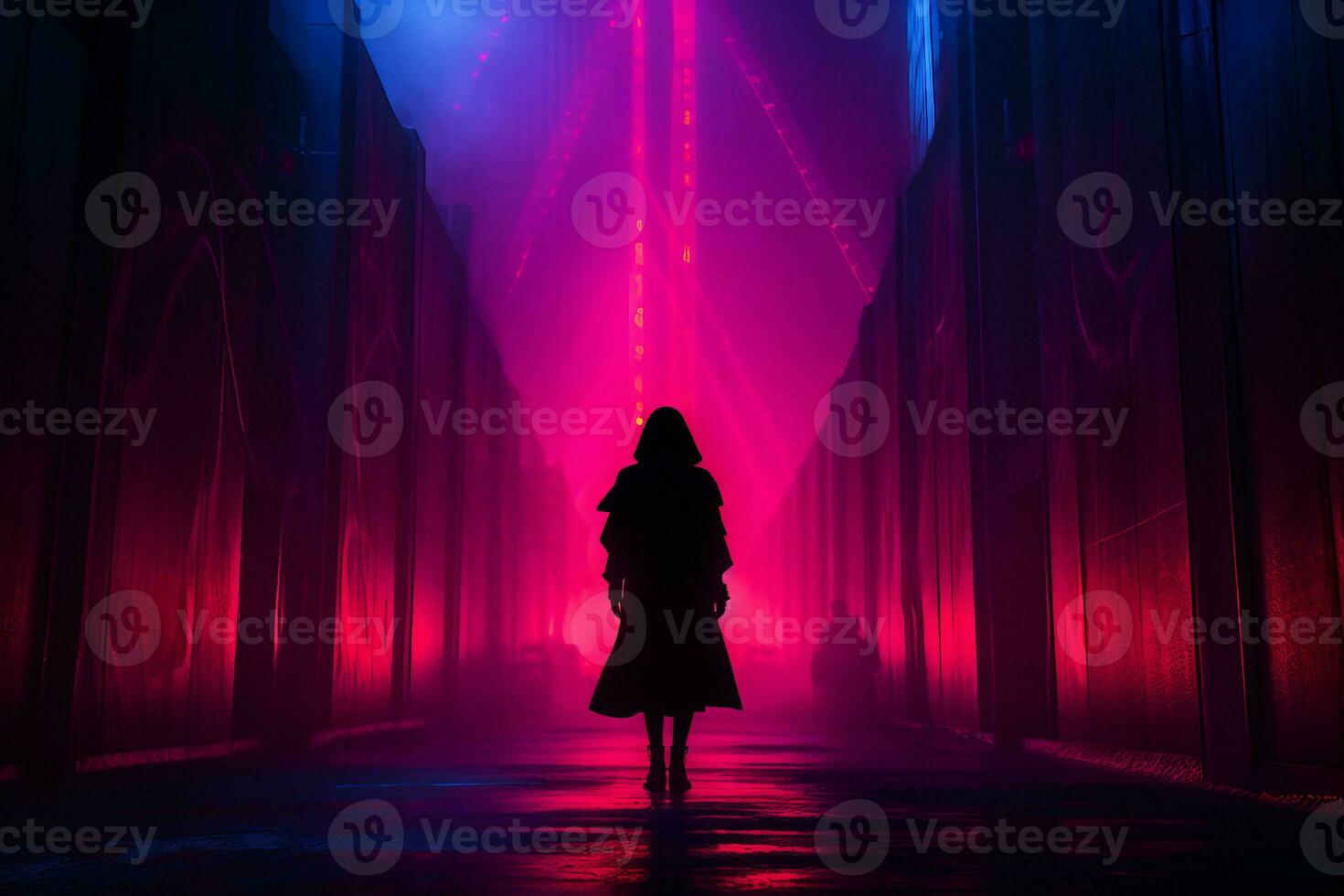 a woman walking through a dark hallway with neon lights generative ai photo