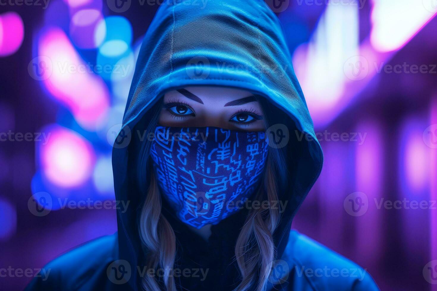 a woman wearing a blue hoodie and a blue face mask generative ai photo