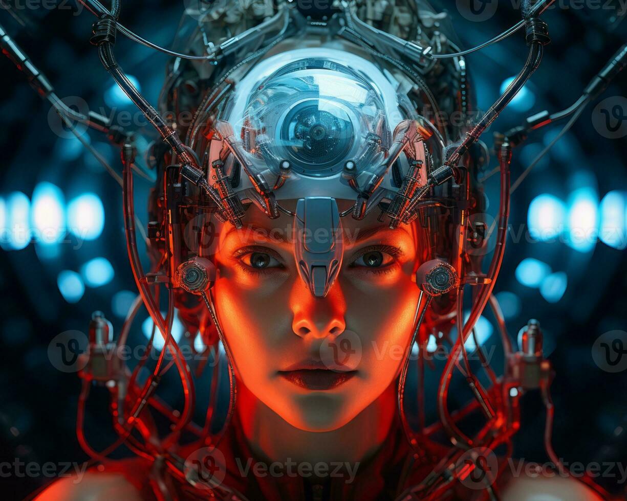 a woman wearing a futuristic helmet with wires around her head generative ai photo