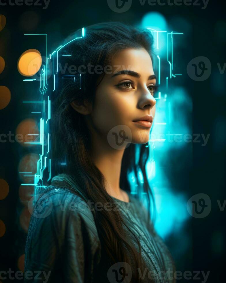 a woman with a futuristic face in front of a digital background generative ai photo
