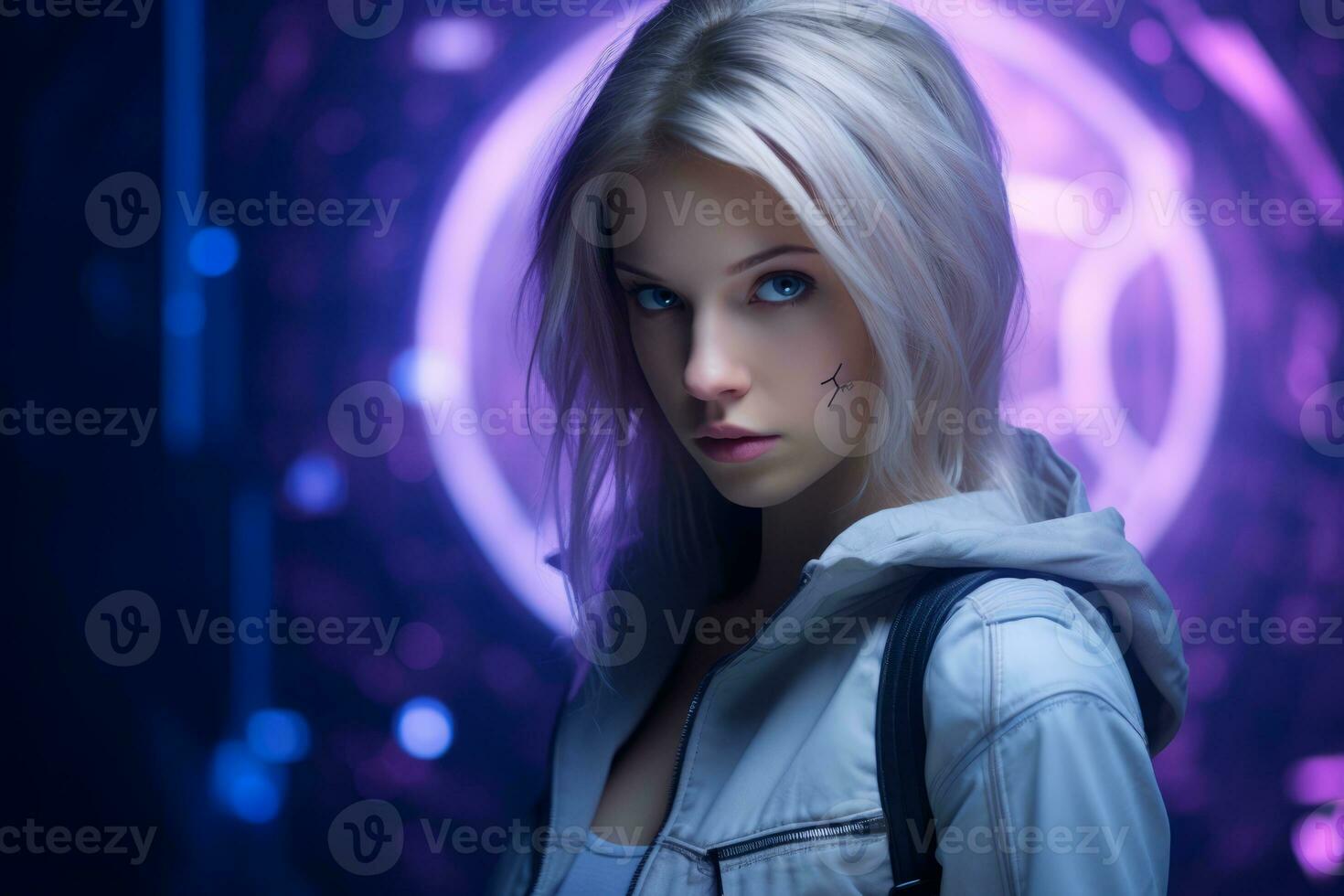 a woman with blue eyes and blonde hair in front of a neon background generative ai photo