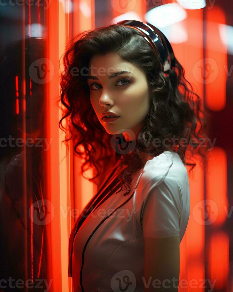 a woman with headphones in front of a red light generative ai photo