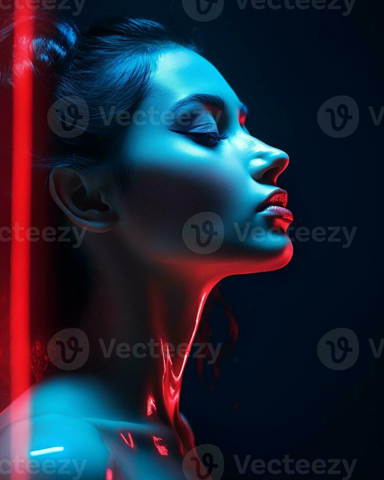 a woman with neon lights on her face generative ai photo