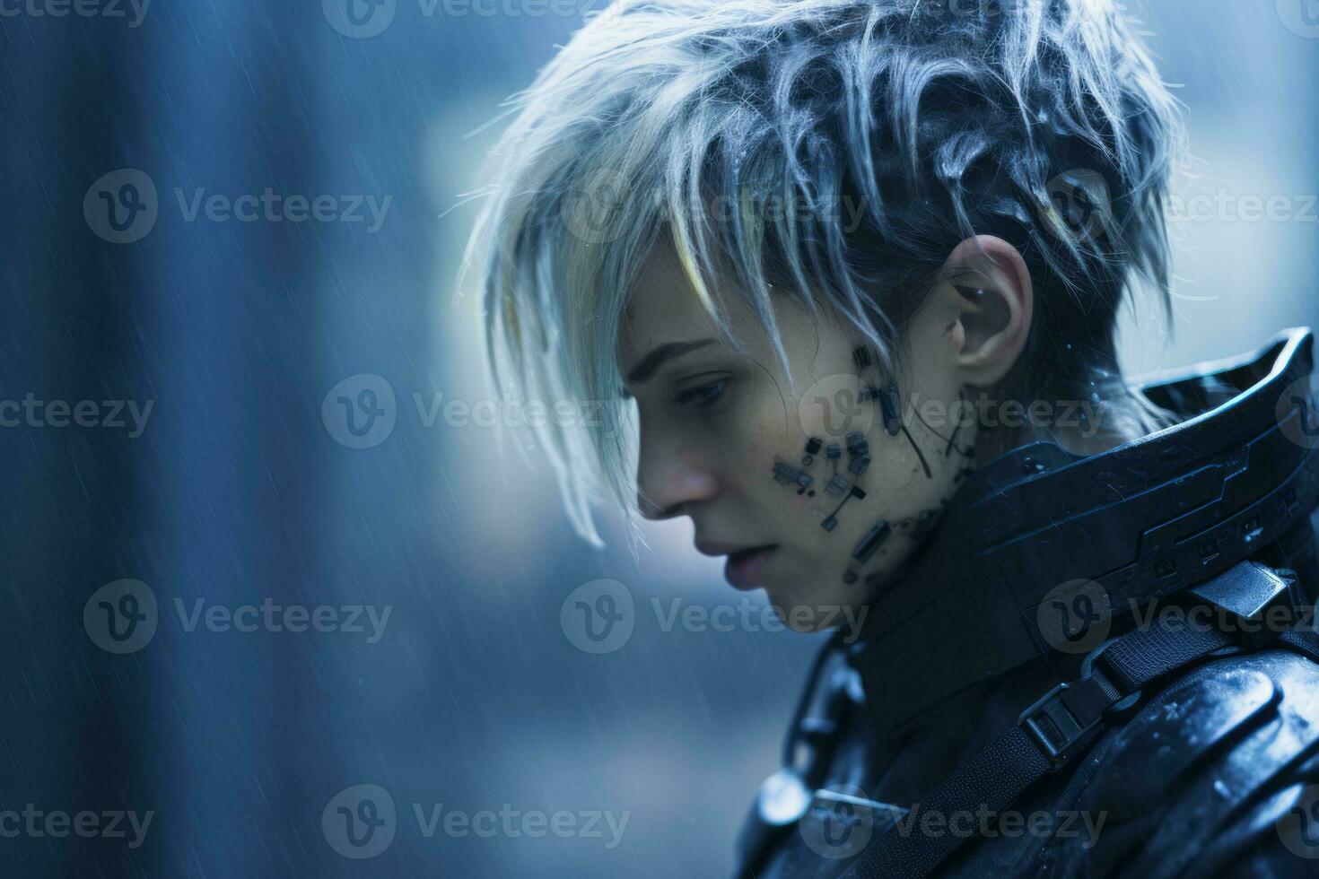 a woman with white hair and a black jacket standing in the rain generative ai photo