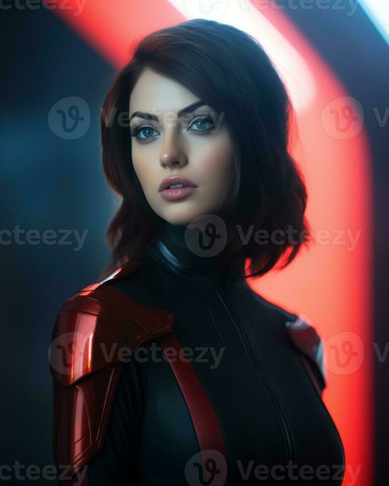 an image of a woman in a red and black outfit photo