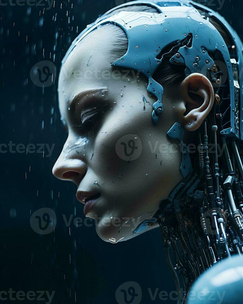 an image of a woman with a robot head in the rain generative ai photo