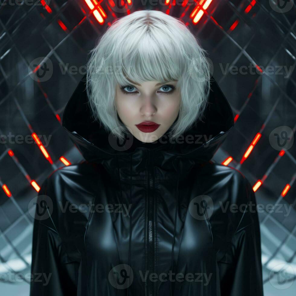 an image of a woman with white hair in a black jacket generative ai photo