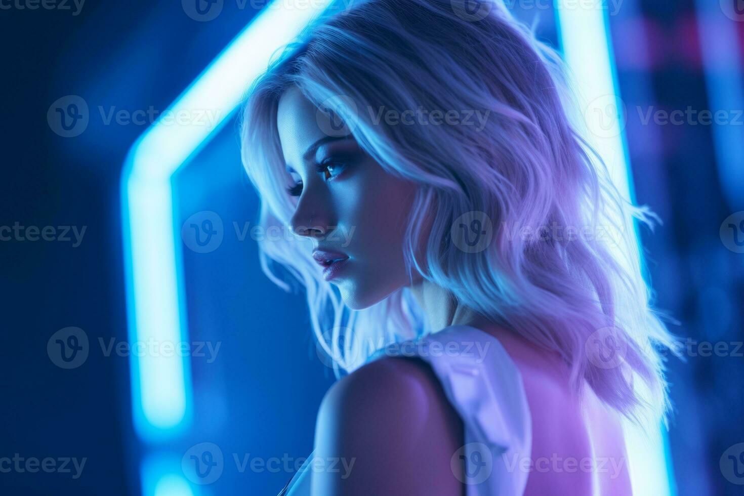 beautiful blonde woman with neon lights in the background generative ai photo