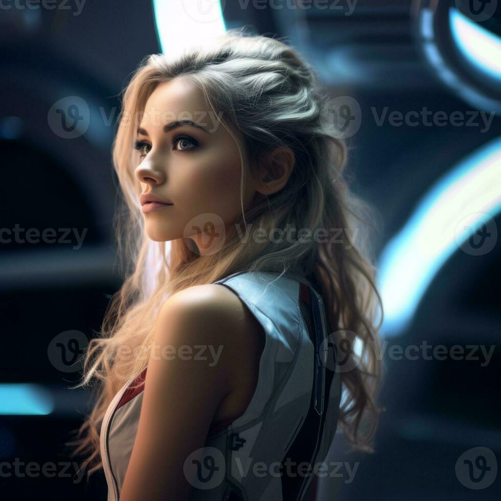 portrait of a beautiful woman in a futuristic spaceship generative ai photo