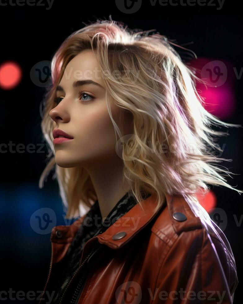portrait of a beautiful young woman in a leather jacket generative ai photo