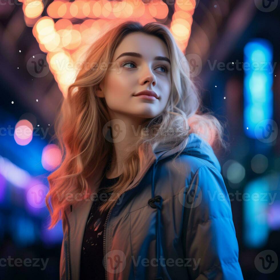 portrait of a beautiful young woman in the city at night with colorful lights in the background generative ai photo