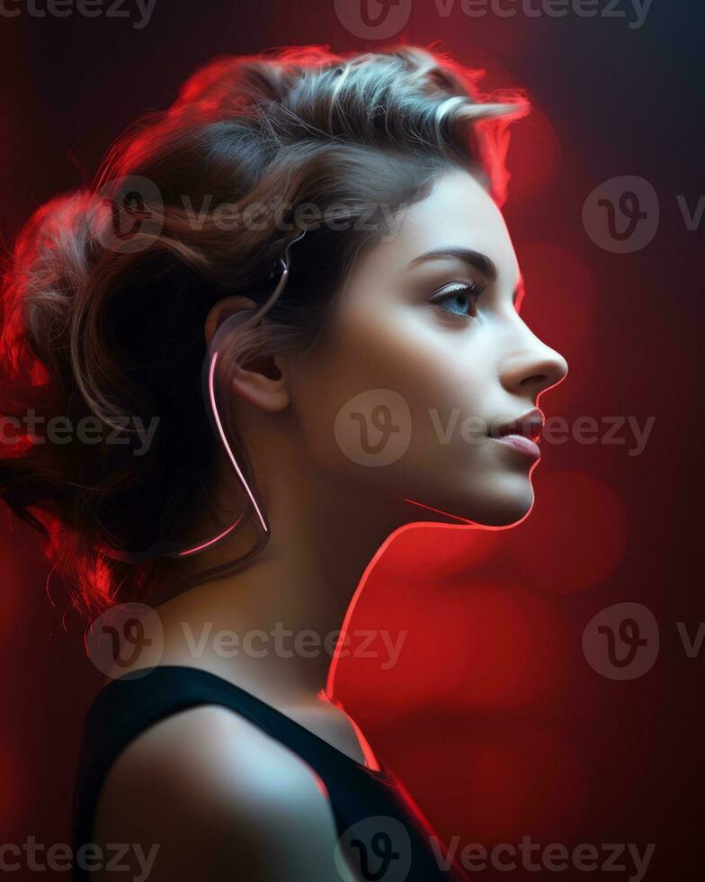 portrait of beautiful young woman with earphones on red background generative ai photo