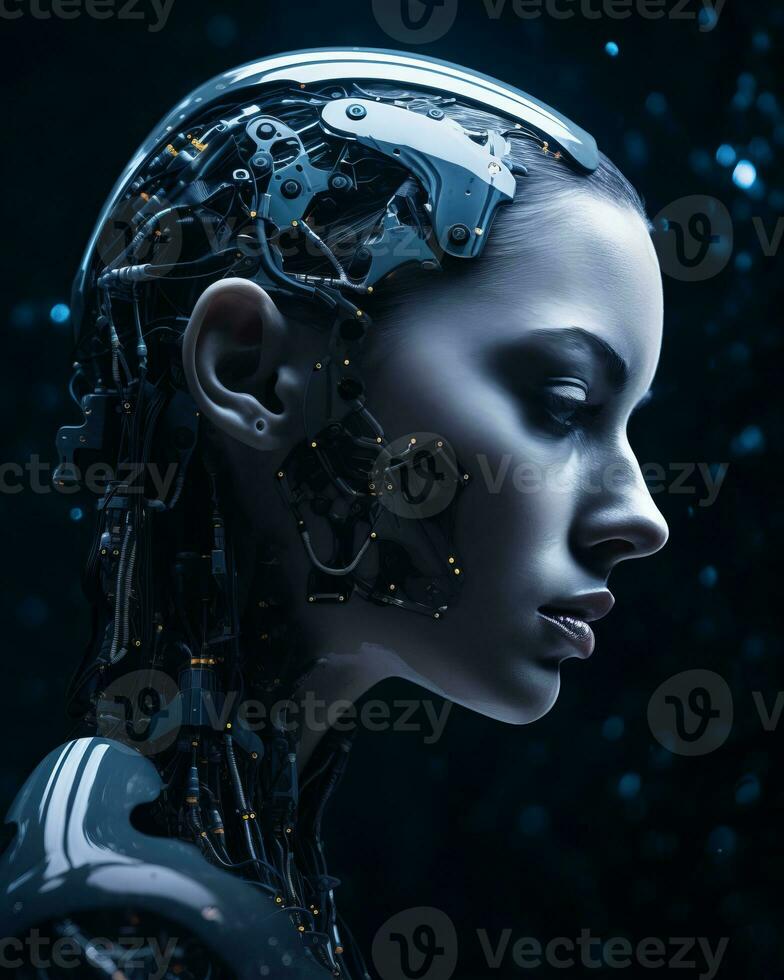 the face of a woman in a futuristic robot suit generative ai photo