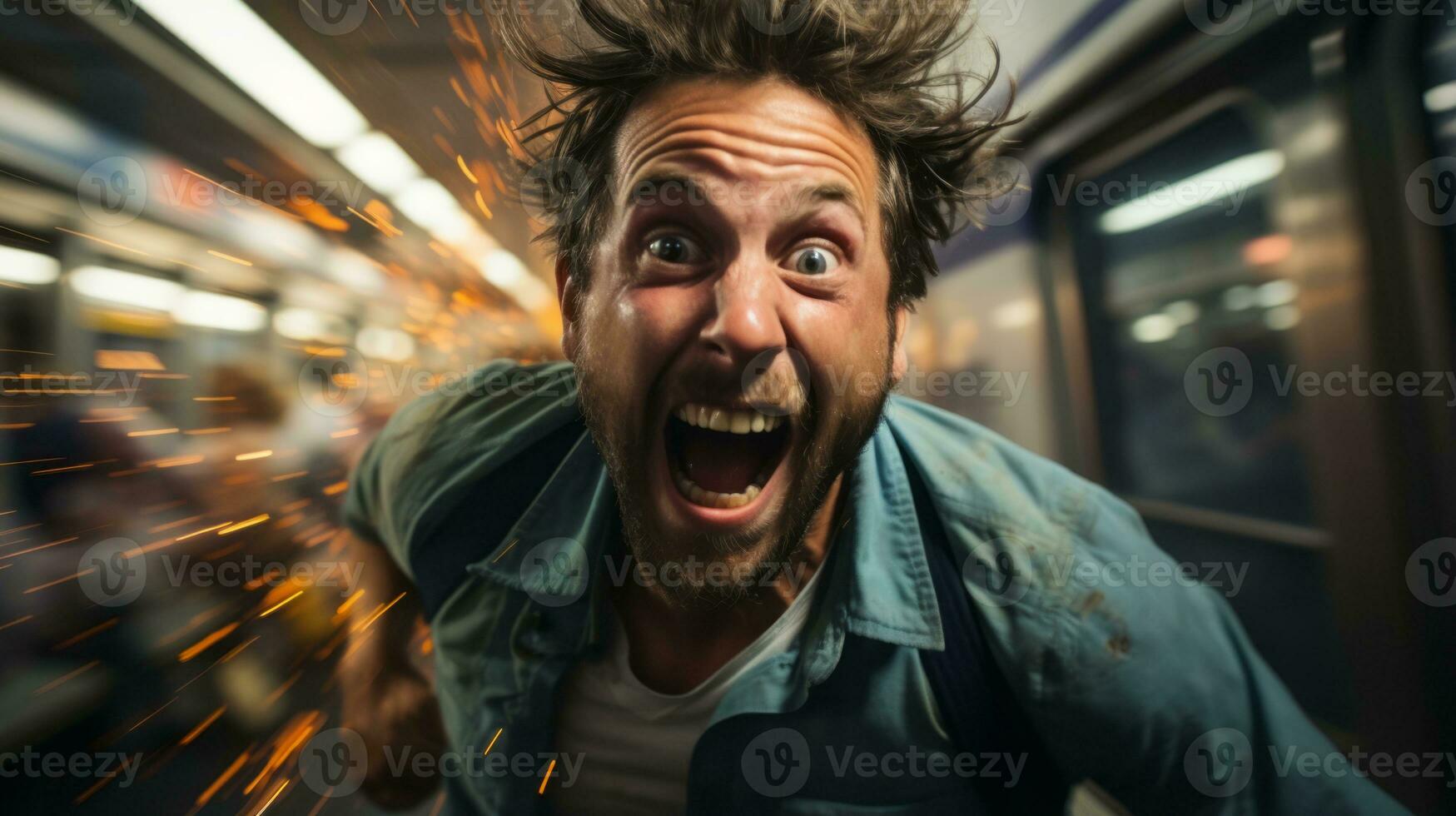 a man is running through a subway station with his mouth wide open generative ai photo