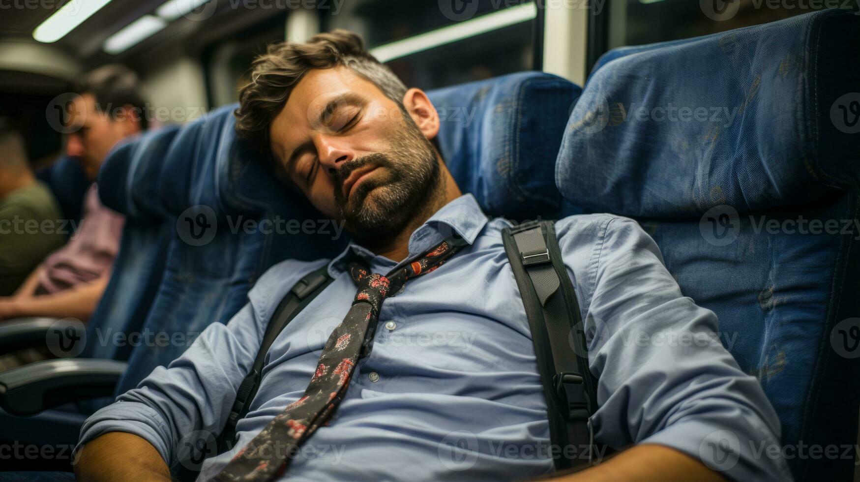 un hombre dormido en un tren con su ojos cerrado generativo ai foto