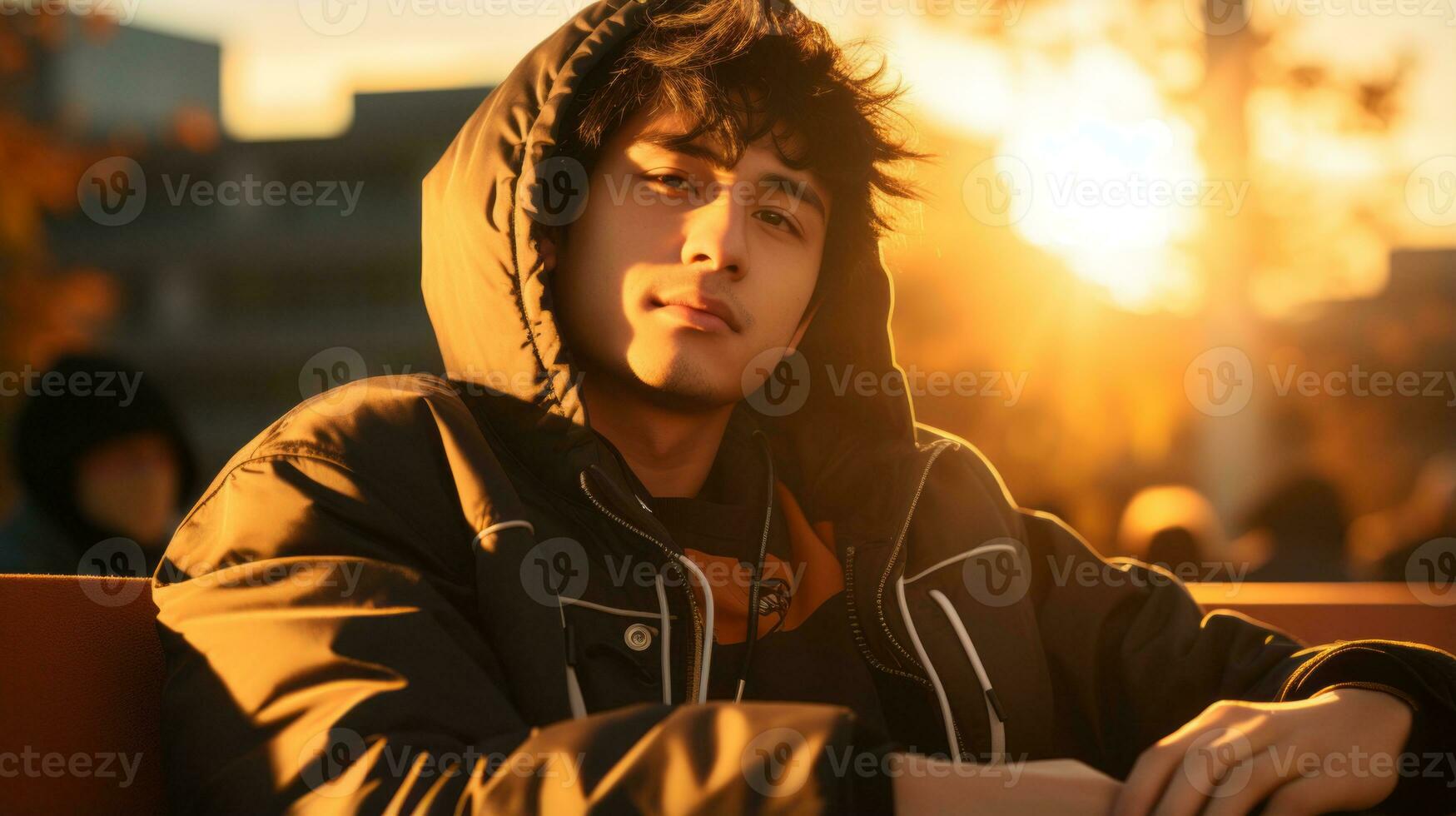 un hombre vistiendo un encapuchado chaqueta sentado en un naranja banco generativo ai foto