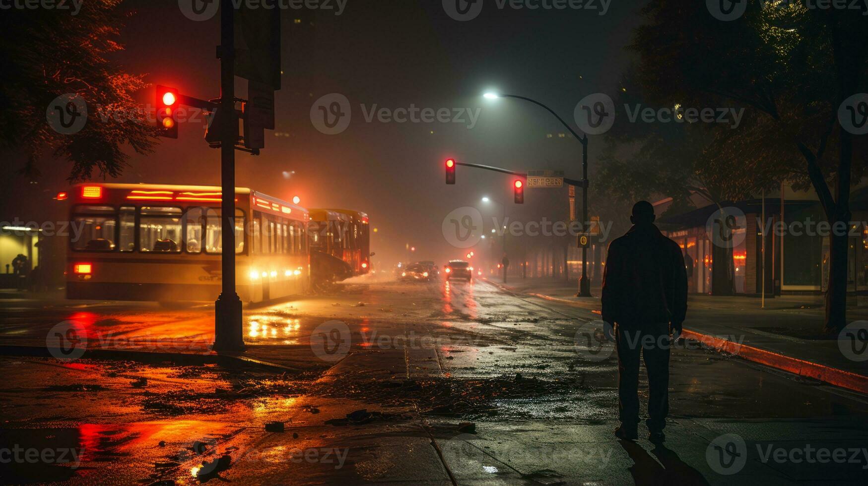 a man standing on a wet city street at night generative ai photo