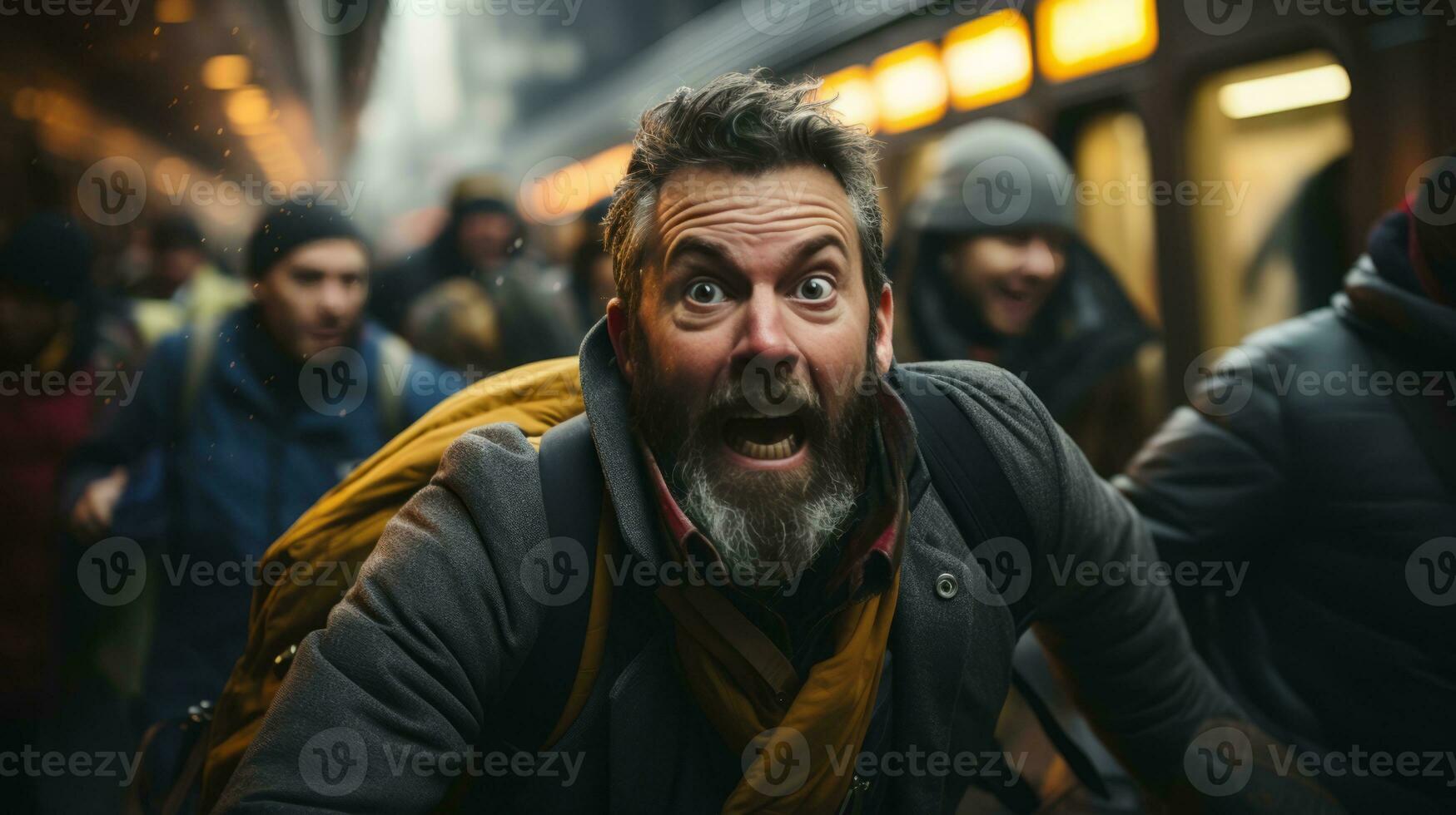 a man with a beard and a backpack on a subway platform generative ai photo