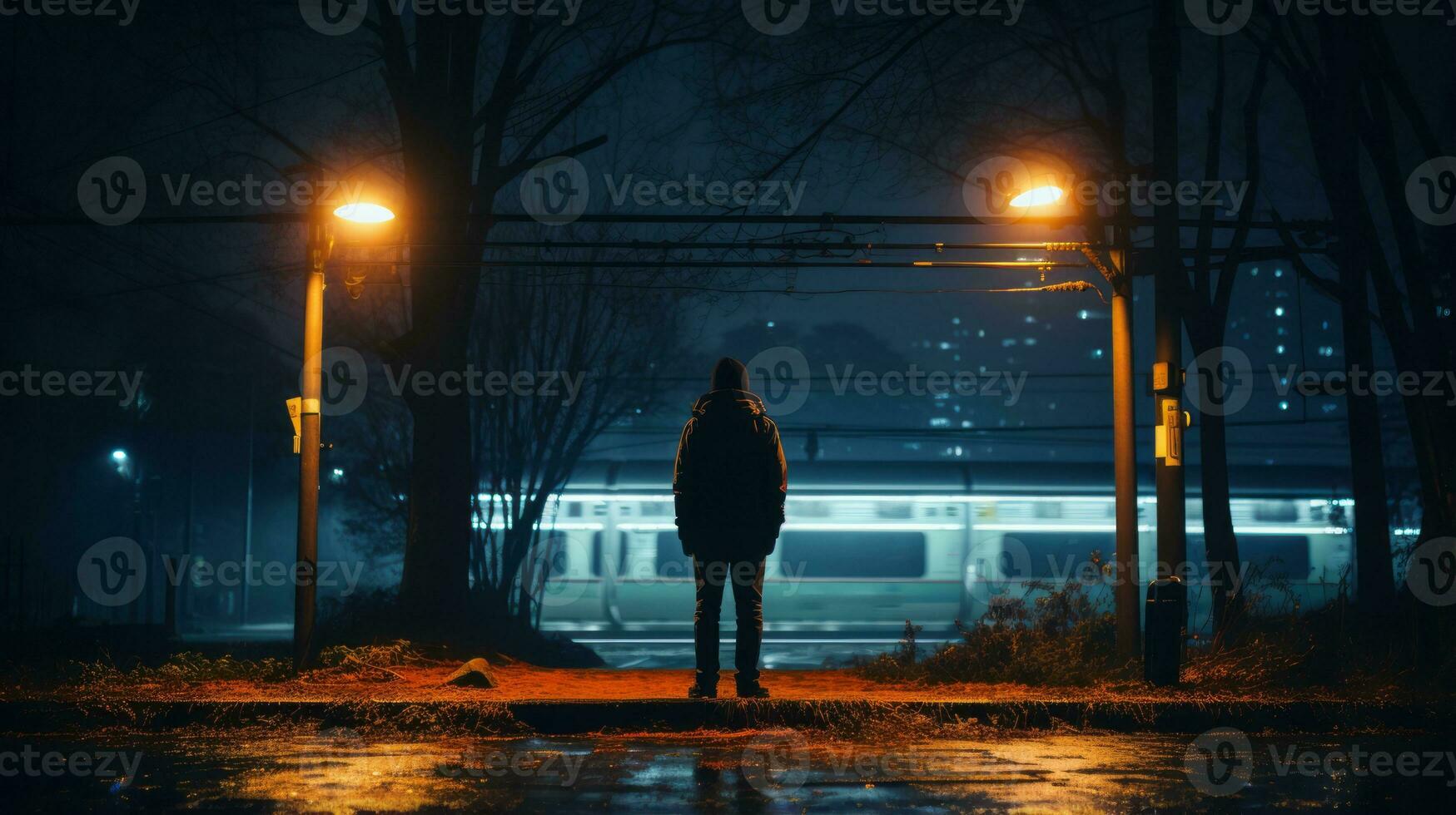 a person standing at the edge of a train station at night generative ai photo