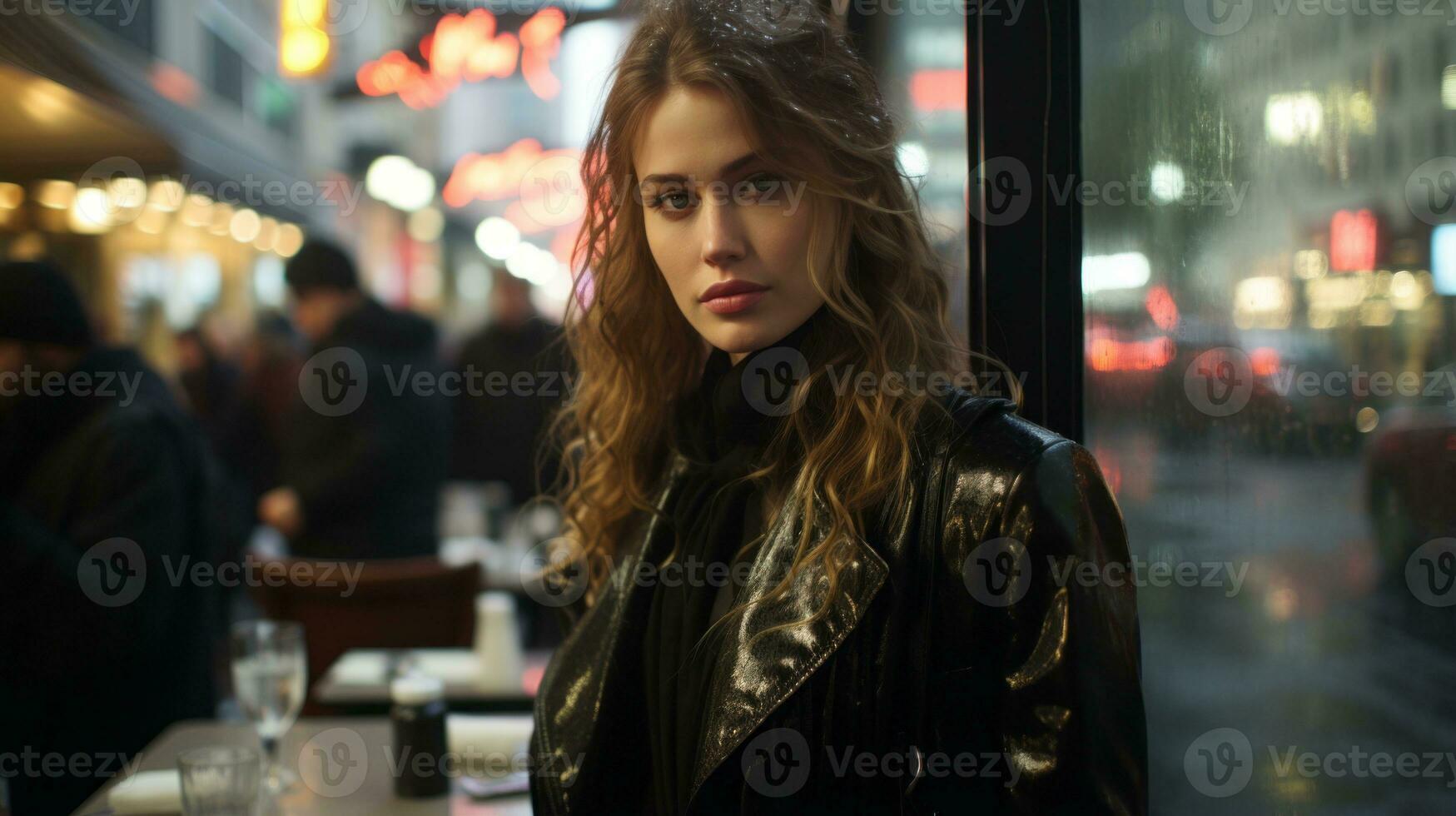 a woman in a black leather jacket standing in front of a restaurant generative ai photo