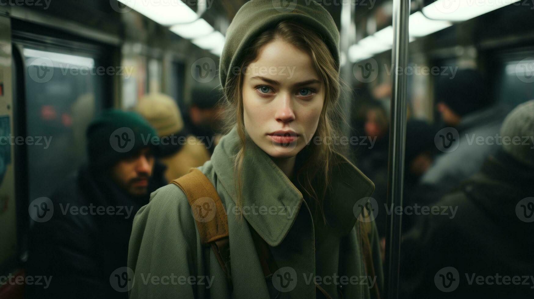 a woman in a green coat and hat on a subway generative ai photo