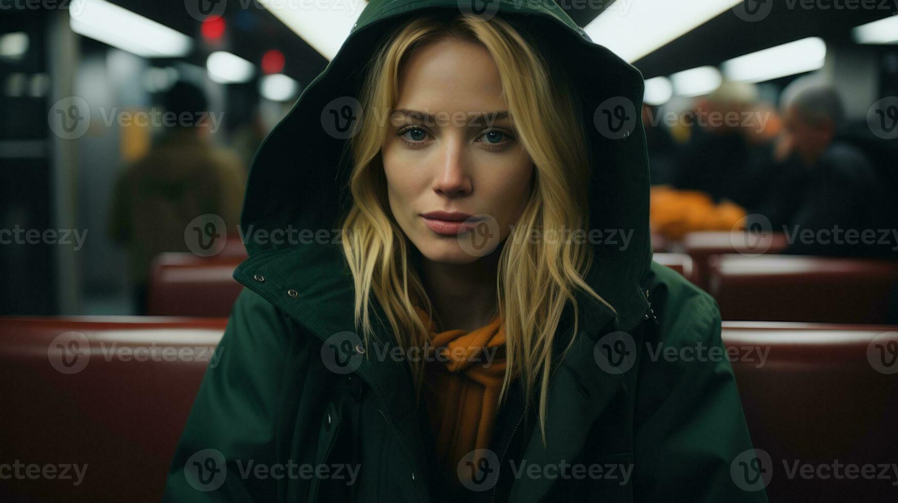 a woman in a green jacket sitting on a train generative ai photo
