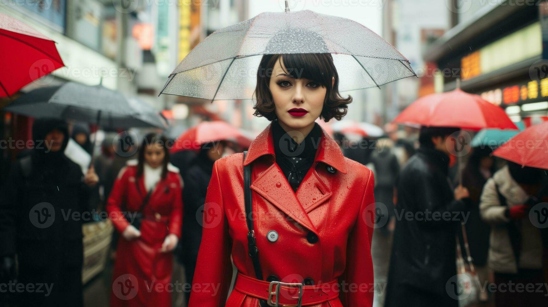 a woman in a red coat with an umbrella generative ai photo